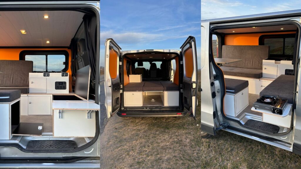 Fiat Talento II 2021 aménagé avec espace modulable, banquettes convertibles, cuisine équipée et rangements optimisés.