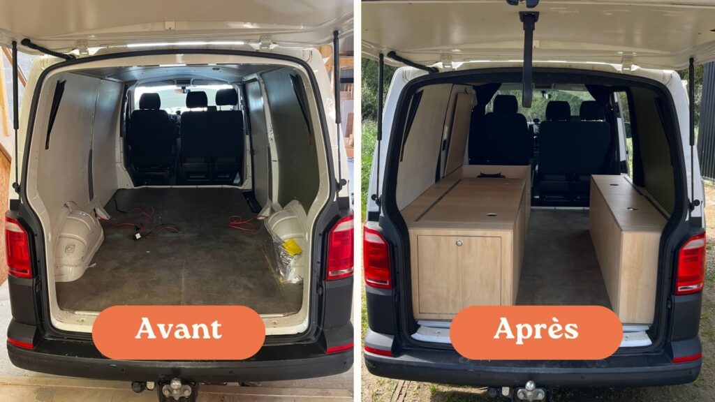 Aménagement avant et après d’un Volkswagen T6 avec installation de meubles de rangement en bois sur mesure dans l’espace arrière.