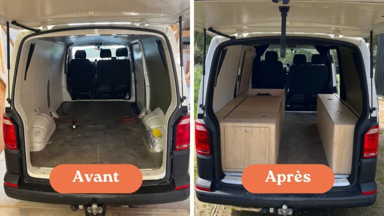 Aménagement avant et après d’un Volkswagen T6 avec installation de meubles de rangement en bois sur mesure dans l’espace arrière.